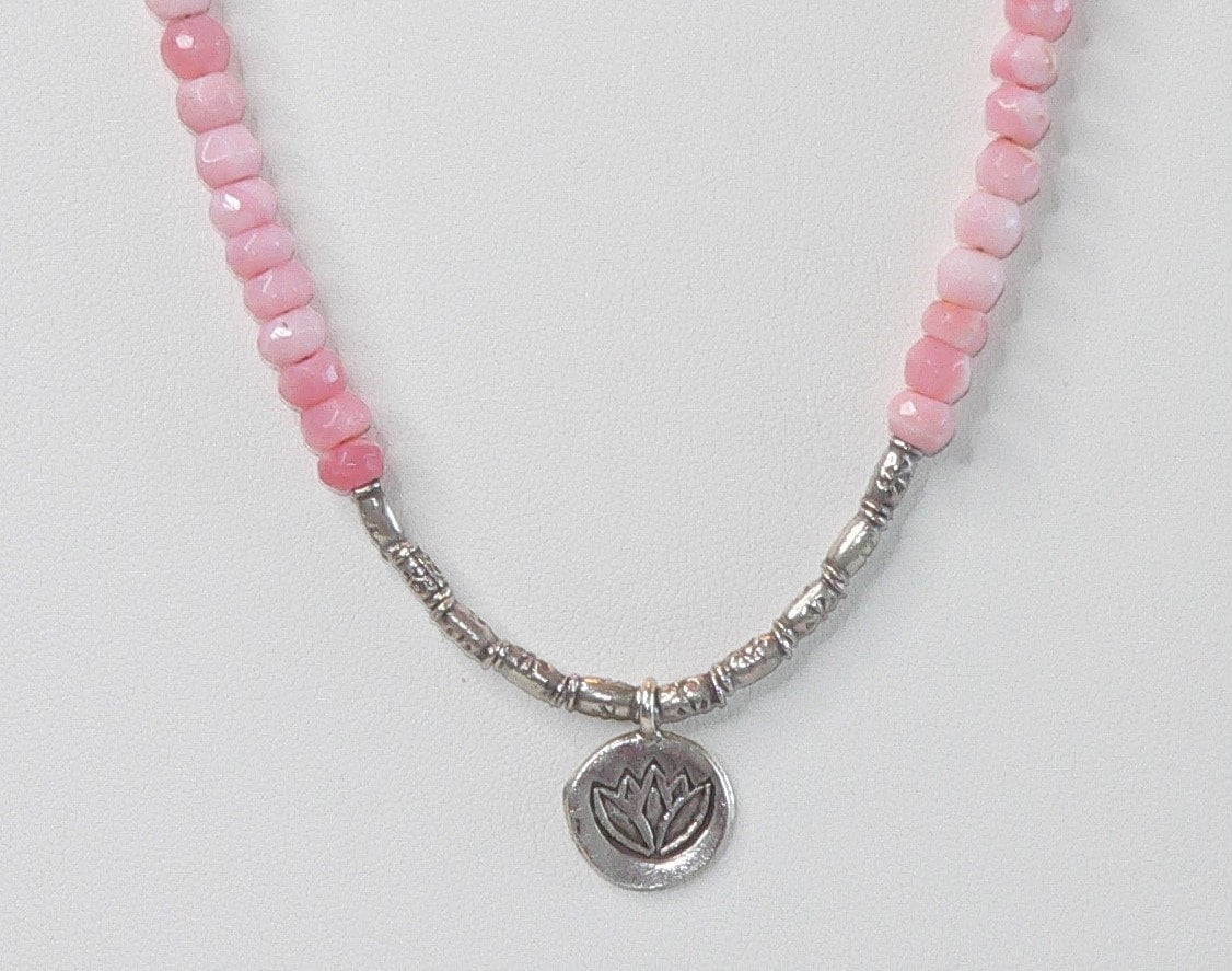 Pink Peruvian Opal Beaded Gemstone Necklace with Lotus Pendant Adjustable Punk Opal Necklace