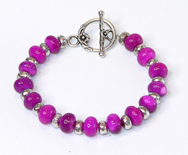 Hot Pink Fuchsia Gemstone Bracelet with Toggle Clasp and Raspberry Beads Gifts For Her Bali Bracelet Bright Pink Bracelet Fuchsia Gemstones