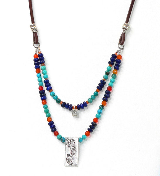 Unique Beaded Gemstone Necklace with Turquoise, Lapis and Thai Silver Turquoise Gift For Her