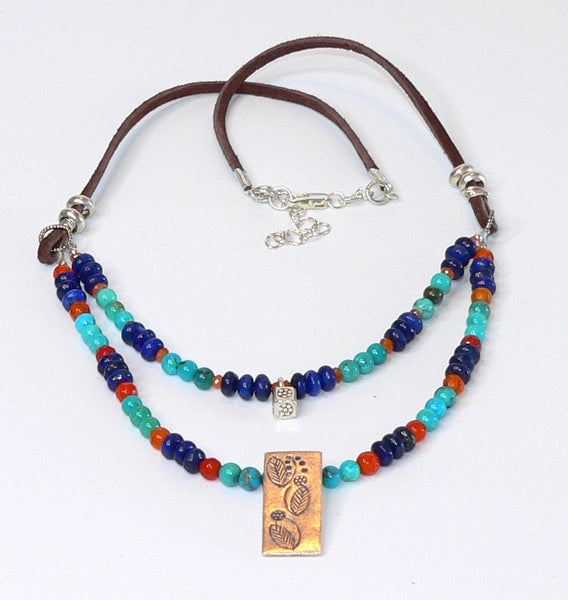 Unique Beaded Gemstone Necklace with Turquoise, Lapis and Thai Silver Turquoise Gift For Her