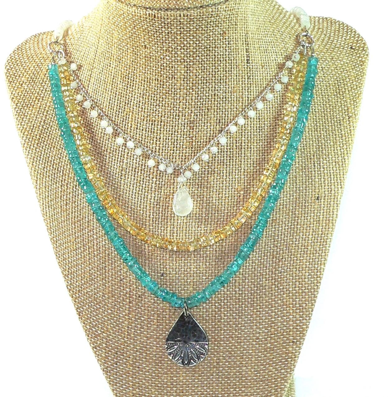Carolina Sundance 3 Strand Moonstone Apatite Citrine Necklace Mandala Pendant