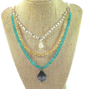 Carolina Sundance 3 Strand Moonstone Apatite Citrine Necklace Mandala Pendant