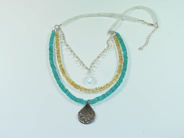 Carolina Sundance 3 Strand Moonstone Apatite Citrine Necklace Mandala Pendant