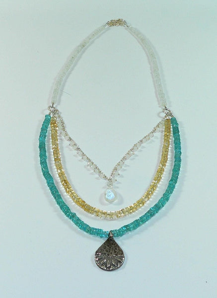 Carolina Sundance 3 Strand Moonstone Apatite Citrine Necklace Mandala Pendant