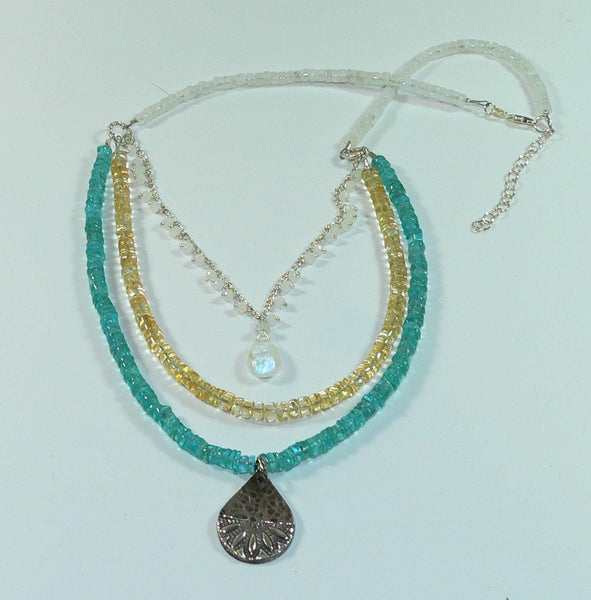 Carolina Sundance 3 Strand Moonstone Apatite Citrine Necklace Mandala Pendant