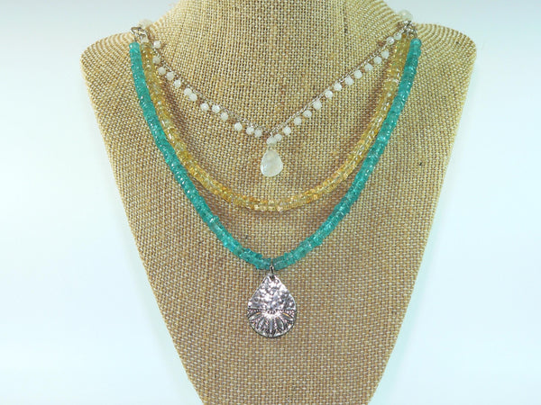 Carolina Sundance 3 Strand Moonstone Apatite Citrine Necklace Mandala Pendant