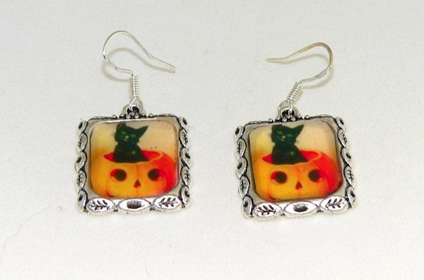 Vintage Halloween Earrings with Pumpkin and Black Cat Altered Art Gifts for Her Kids Halloween Jewelry
