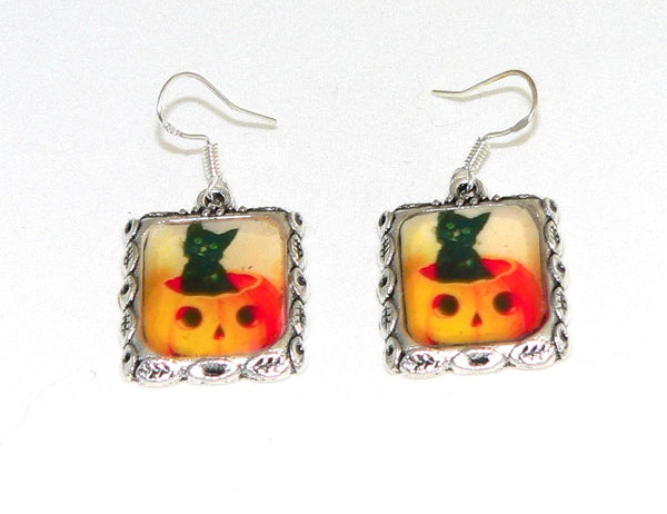 Vintage Halloween Earrings with Pumpkin and Black Cat Altered Art Gifts for Her Kids Halloween Jewelry