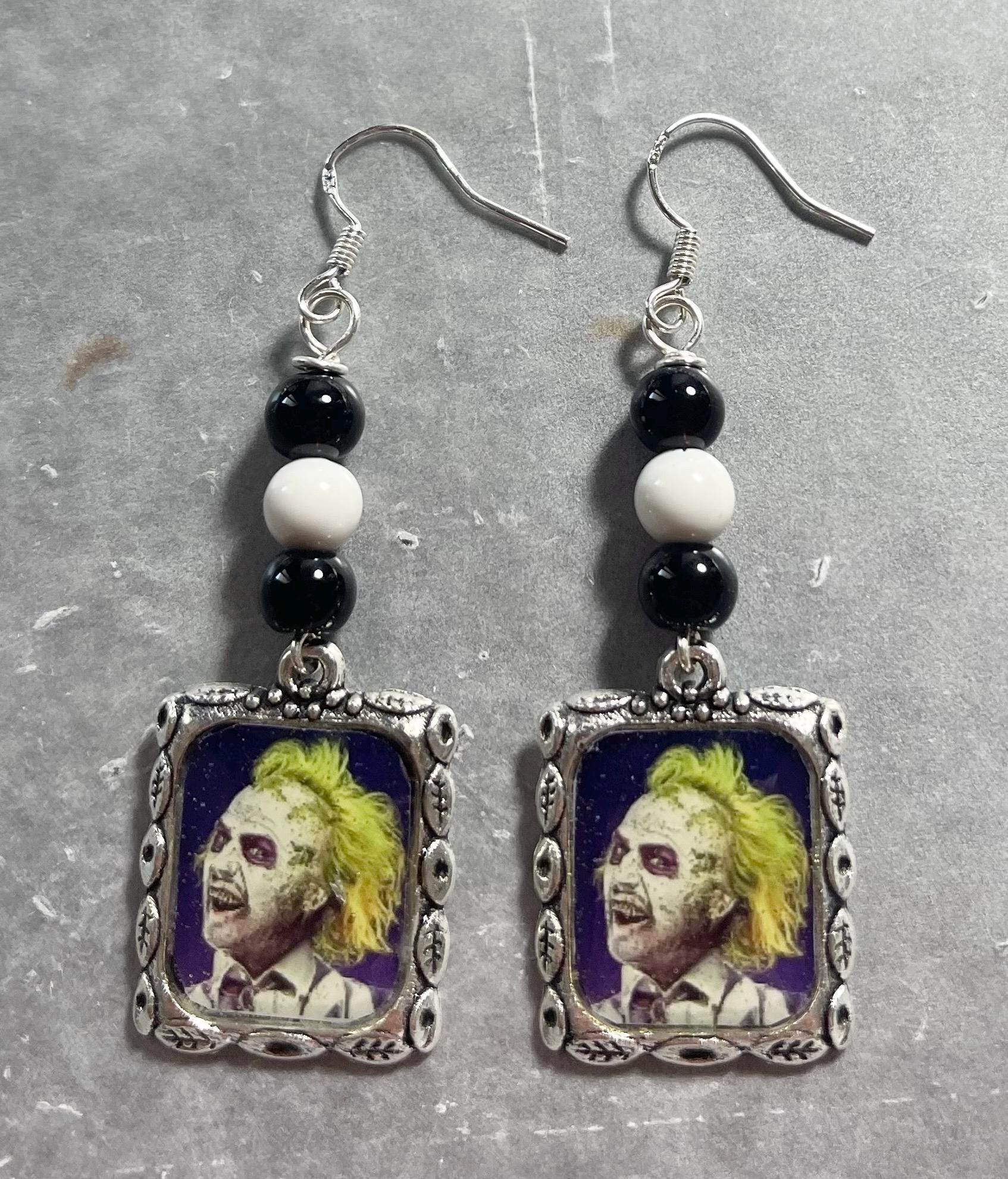Handcrafted Novelty Beetlejuice Earrings with Onyx Howlite Beads in Sterling Silver