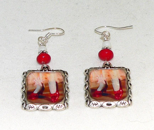 Wizard of Oz Vintage Alteted Art Earrings Ruby Slippers Coral & Mother of Pearl Earrings with