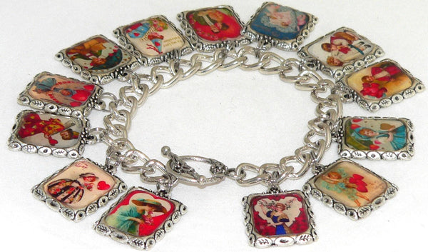 Sentimental Vintage Postcard Charm Bracelet for Valentine's Gift Valentines Day Bracelet Valentine's Charm Bracelet From Vintage Postcards