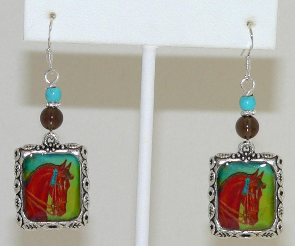 Horse Earrings Vintage Prize Winning Altered Art Horses Earrings Horse Gifts For Her Turquoise Smoky Quartz