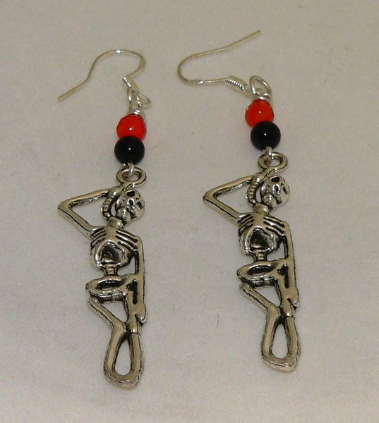 Hanging Skeleton Earrings Halloween Earrings Orange Black Earrings Onyx Carnelian Halloween Gift