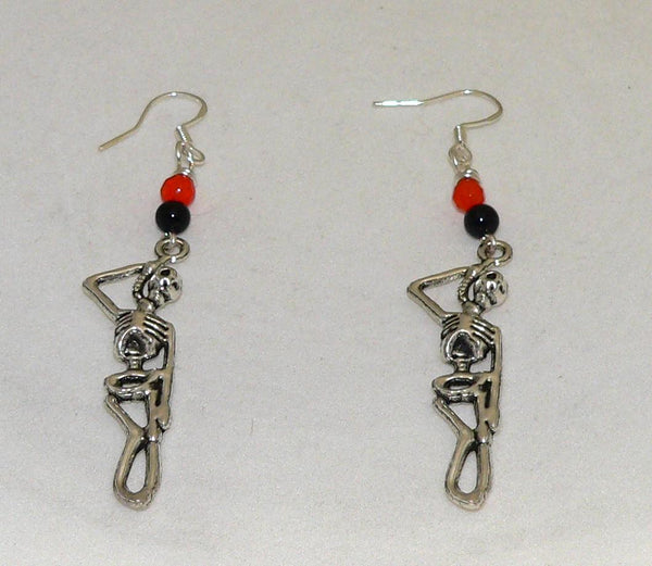 Hanging Skeleton Earrings Halloween Earrings Orange Black Earrings Onyx Carnelian Halloween Gift