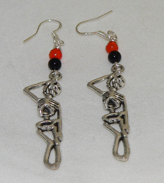 Hanging Skeleton Earrings Halloween Earrings Orange Black Earrings Onyx Carnelian Halloween Gift