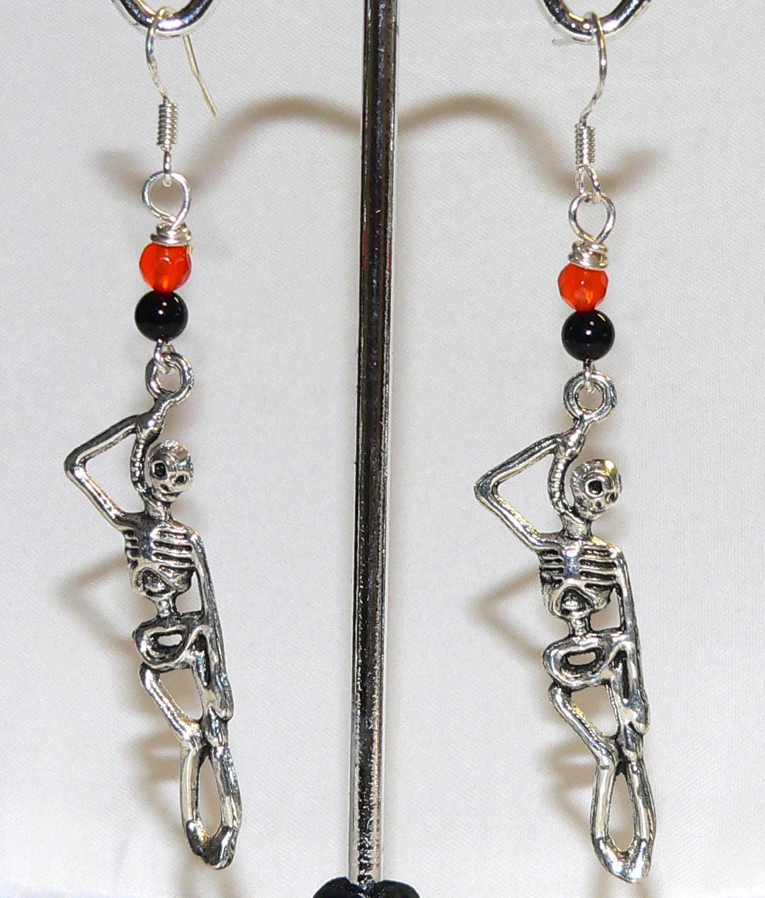 Hanging Skeleton Earrings Halloween Earrings Orange Black Earrings Onyx Carnelian Halloween Gift