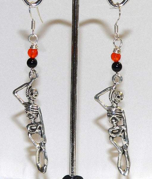 Hanging Skeleton Earrings Halloween Earrings Orange Black Earrings Onyx Carnelian Halloween Gift