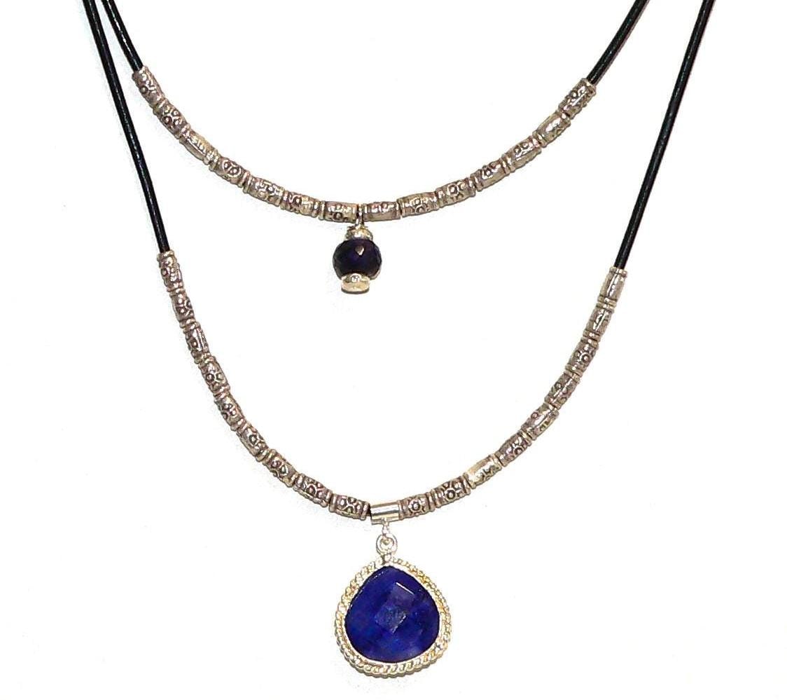 Two Strand Gemstone Necklace in Thai Silver with Blue Sapphires