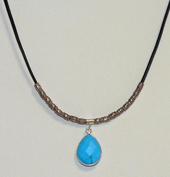 Unique Leather Necklace with Sterling Silver and Turquoise Gemstones