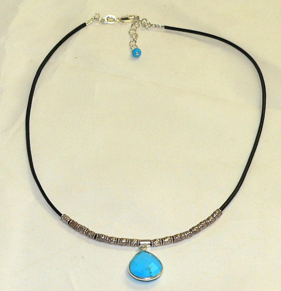 Unique Leather Necklace with Sterling Silver and Turquoise Gemstones