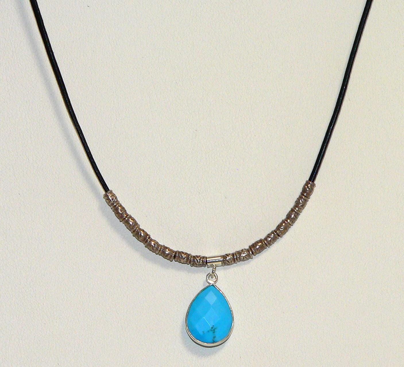 Unique Leather Necklace with Sterling Silver and Turquoise Gemstones