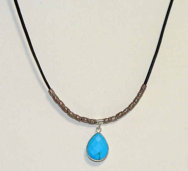Unique Leather Necklace with Sterling Silver and Turquoise Gemstones