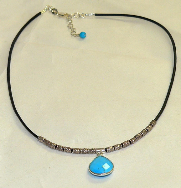 Unique Leather Necklace with Sterling Silver and Turquoise Gemstones