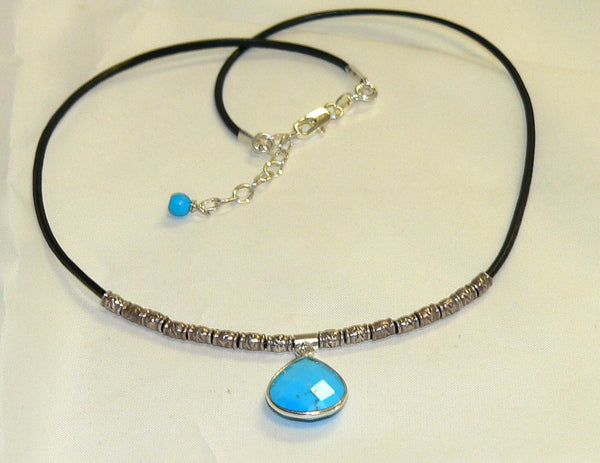 Unique Leather Necklace with Sterling Silver and Turquoise Gemstones