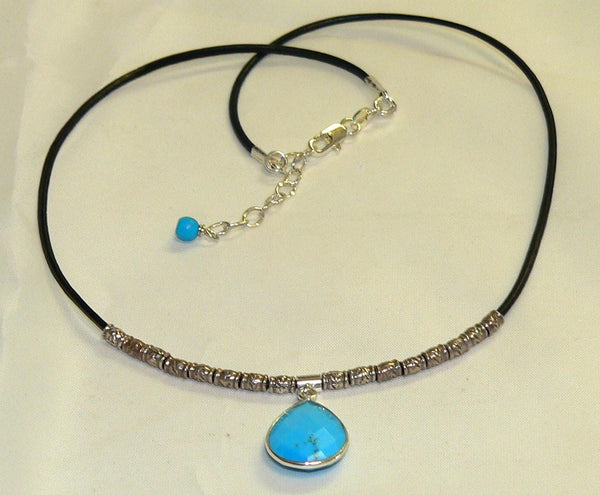 Unique Leather Necklace with Sterling Silver and Turquoise Gemstones