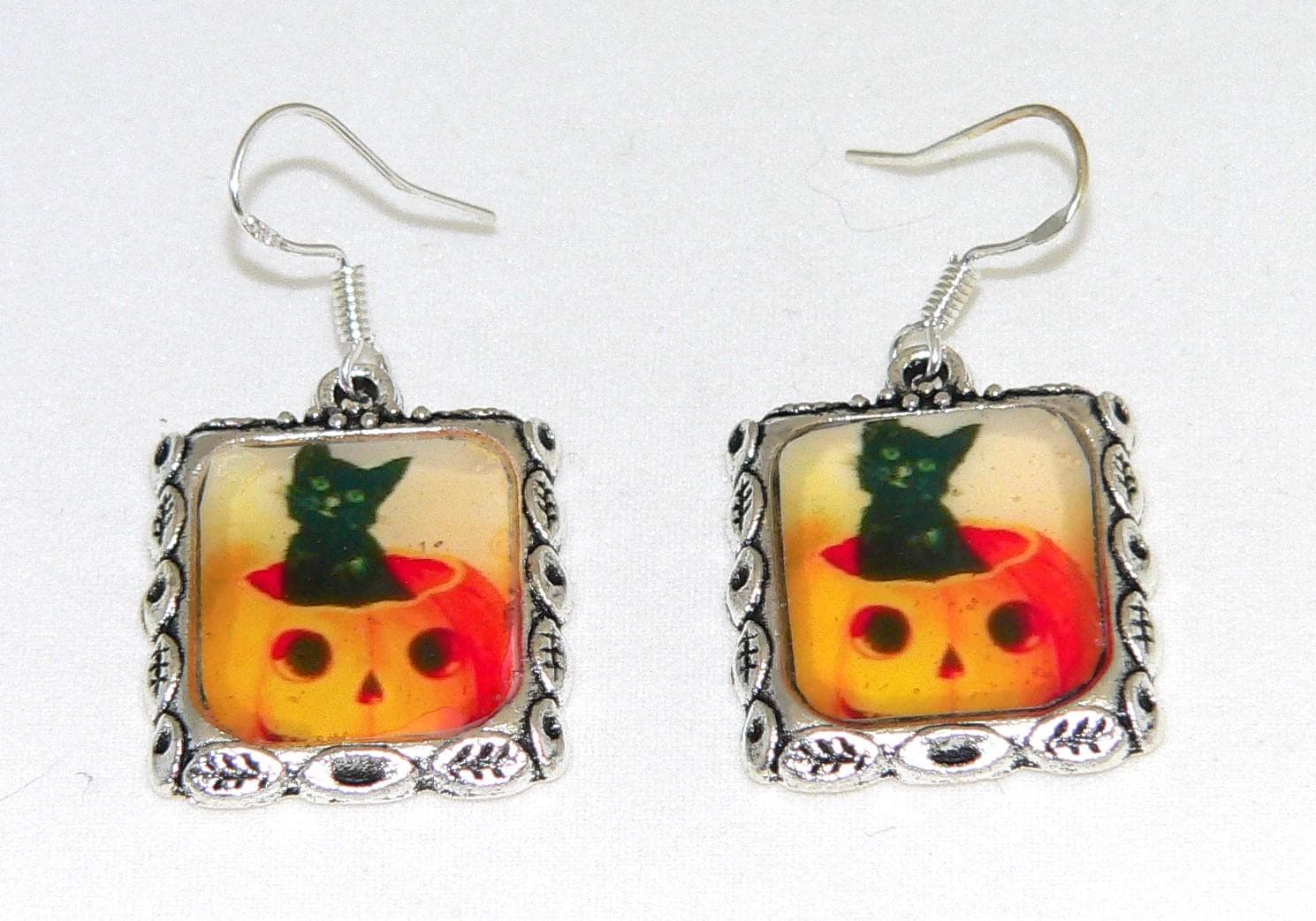 Vintage Halloween Earrings with Pumpkin and Black Cat Altered Art Gifts for Her Kids Halloween Jewelry