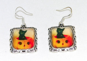 Vintage Halloween Earrings with Pumpkin and Black Cat Altered Art Gifts for Her Kids Halloween Jewelry