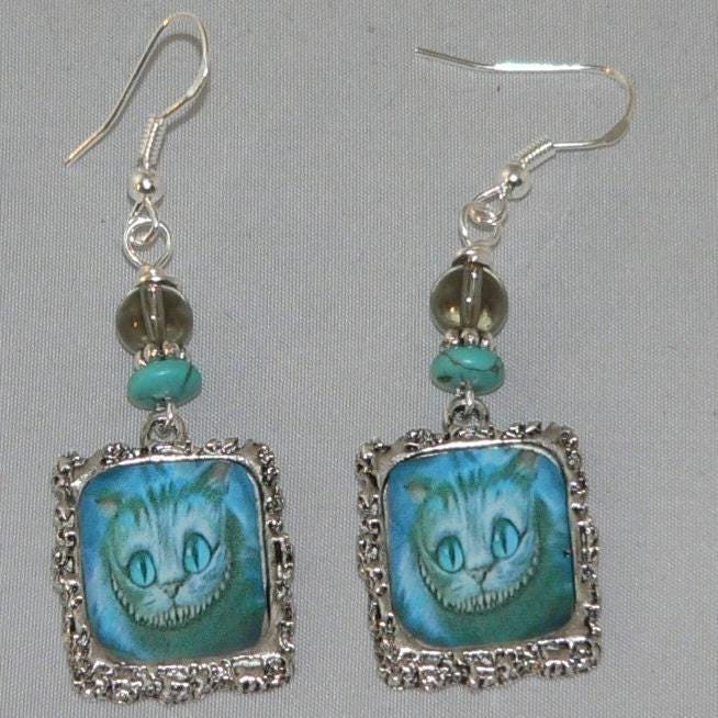 Alice In Wonderland Altered Art Earrings Cheshire Cat Earrings Handcrafted Cheshire Cat Artisan Earrings with Alice in Wonderland Theme