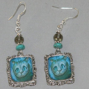 Alice In Wonderland Altered Art Earrings Cheshire Cat Earrings Handcrafted Cheshire Cat Artisan Earrings with Alice in Wonderland Theme