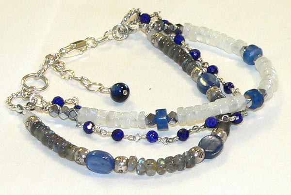 Three Strand Healing Gemstone Bracelet with Flashy Rainbow Moonstone Kyanite Labradorite