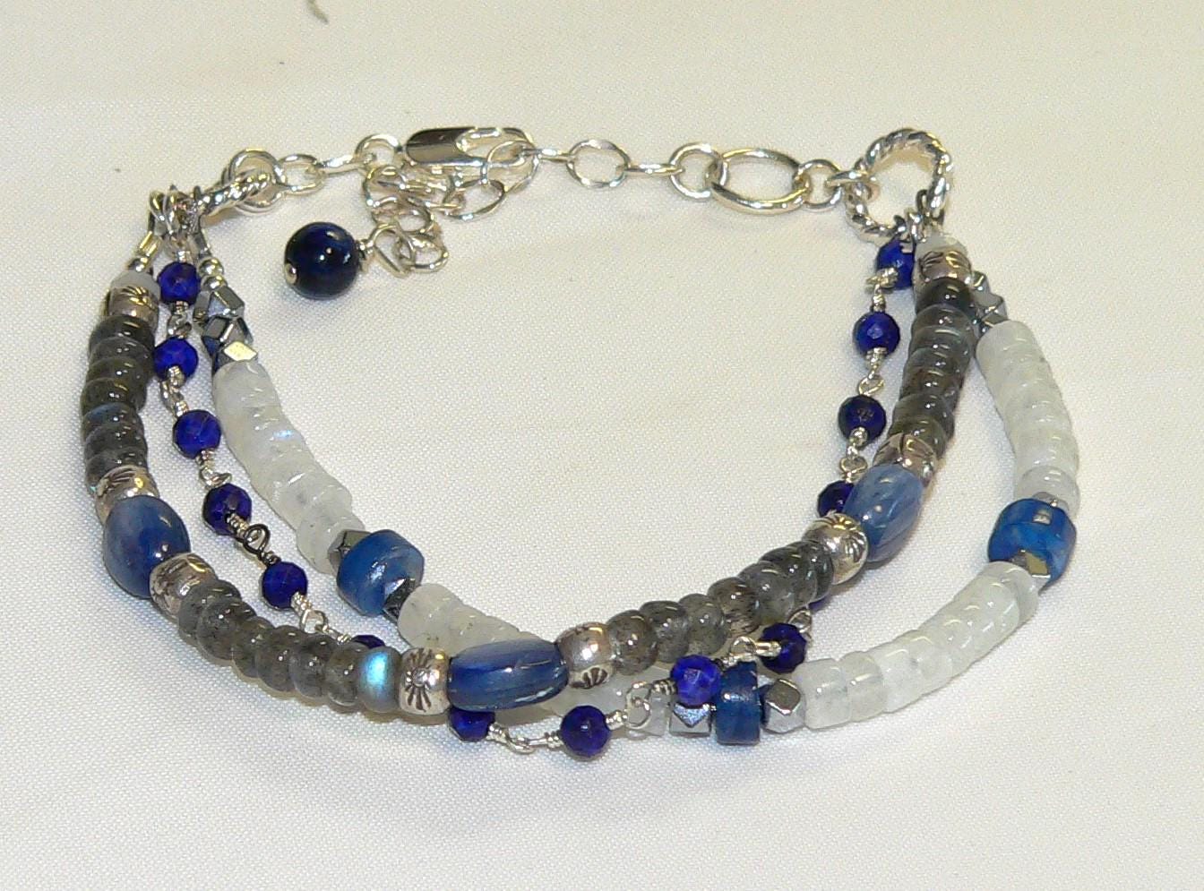 Three Strand Healing Gemstone Bracelet with Flashy Rainbow Moonstone Kyanite Labradorite