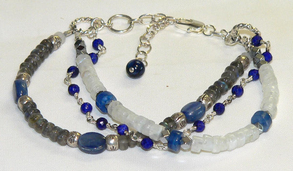 Three Strand Healing Gemstone Bracelet with Flashy Rainbow Moonstone Kyanite Labradorite