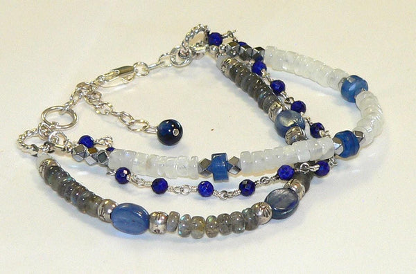 Three Strand Healing Gemstone Bracelet with Flashy Rainbow Moonstone Kyanite Labradorite
