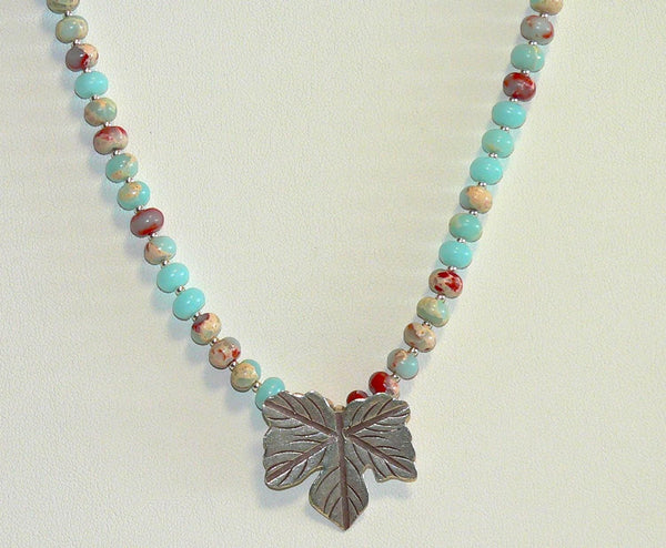 Impression Jasper Necklace Thai Silver Leaf Jewelry for Autumn - Handmade Gemstone Pendant, Unique Fall Accessory