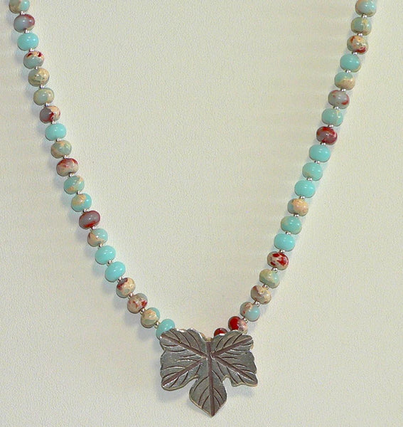 Impression Jasper Necklace Thai Silver Leaf Jewelry for Autumn - Handmade Gemstone Pendant, Unique Fall Accessory