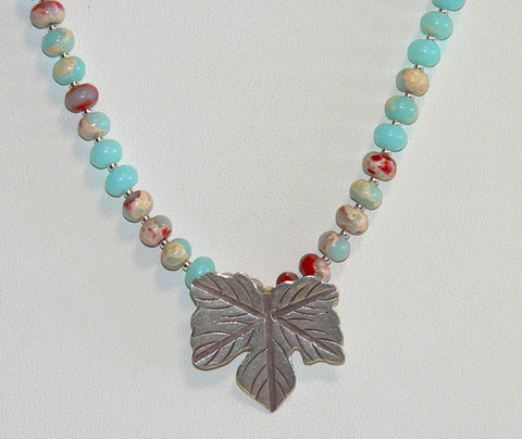 Impression Jasper Necklace Thai Silver Leaf Jewelry for Autumn - Handmade Gemstone Pendant, Unique Fall Accessory