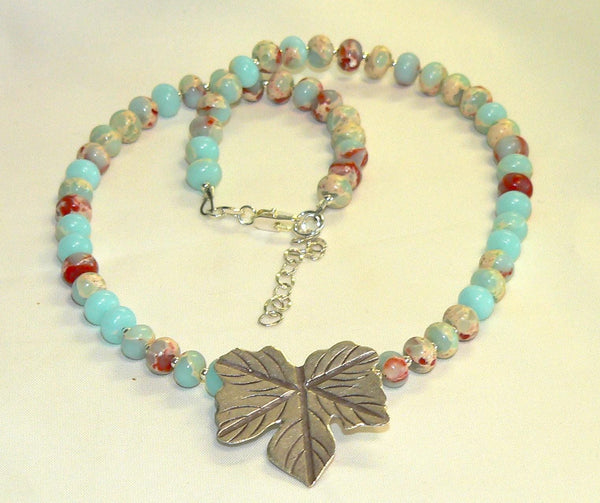 Impression Jasper Necklace Thai Silver Leaf Jewelry for Autumn - Handmade Gemstone Pendant, Unique Fall Accessory