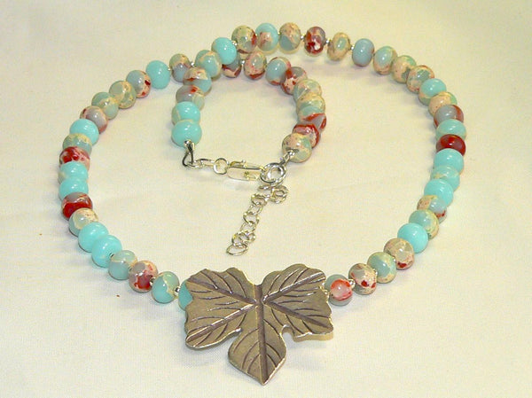 Impression Jasper Necklace Thai Silver Leaf Jewelry for Autumn - Handmade Gemstone Pendant, Unique Fall Accessory