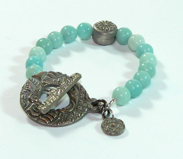Amazonite Gemstone Bracelet with Unique Toggle Clasp, Handmade Boho Jewelry Gift
