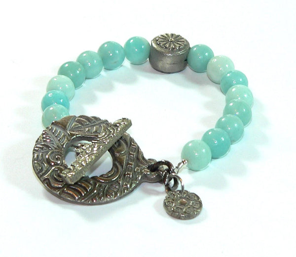 Amazonite Gemstone Bracelet with Unique Toggle Clasp, Handmade Boho Jewelry Gift