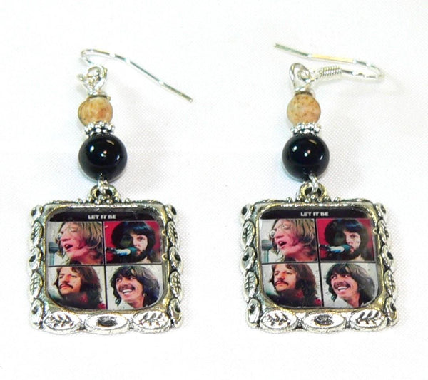 The Beatles Let It Be Earrings, The Beatles Altered Art Earrings with Onyx & Picture Jasper, Unique Beatles Gift for Her,
