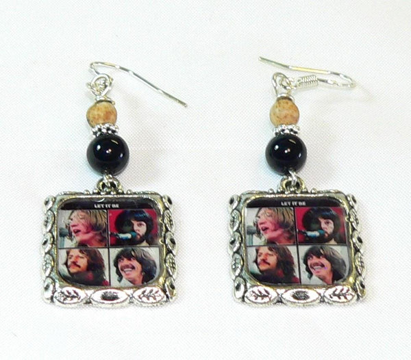 The Beatles Let It Be Earrings, The Beatles Altered Art Earrings with Onyx & Picture Jasper, Unique Beatles Gift for Her,