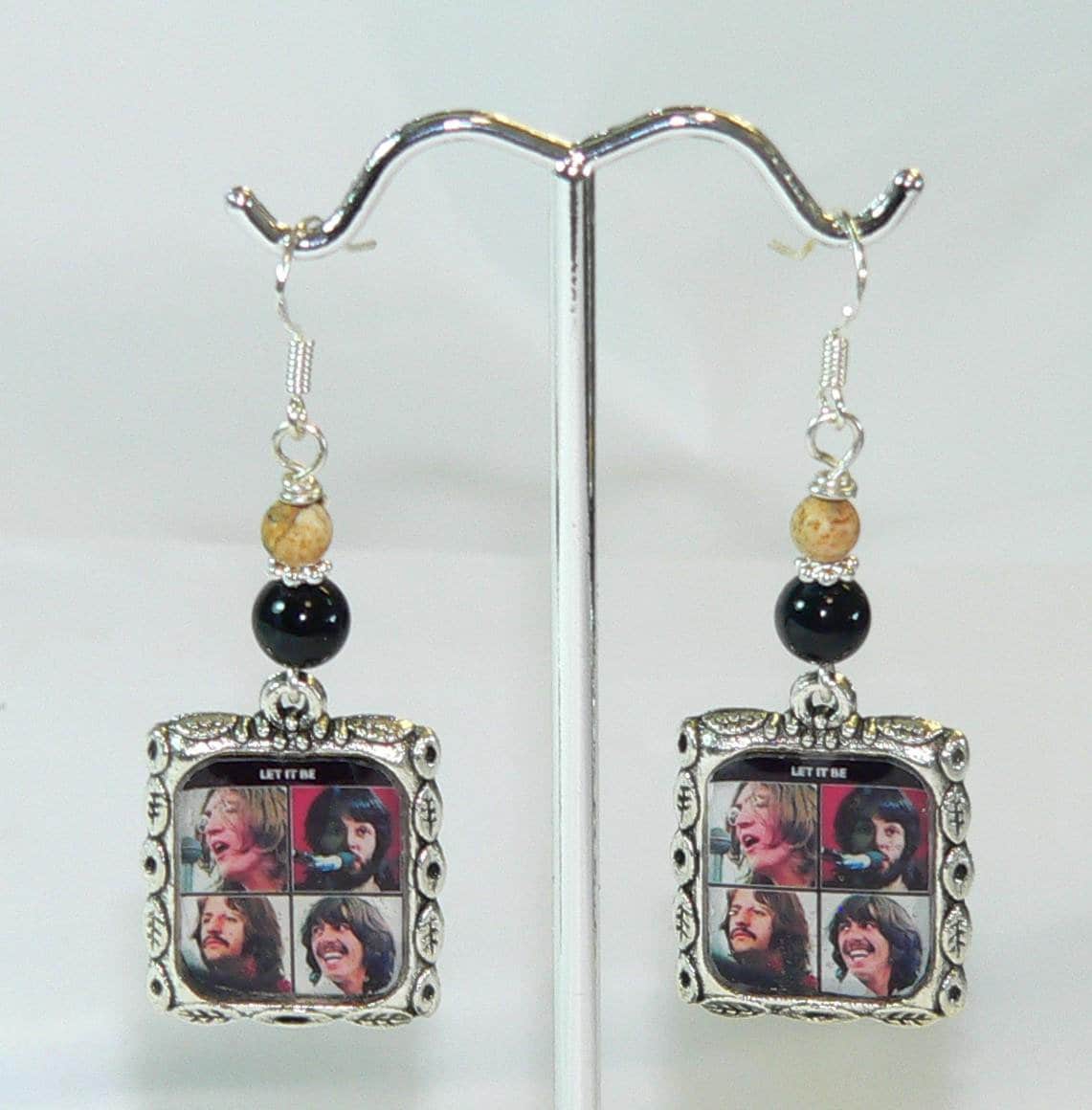 The Beatles Let It Be Earrings, The Beatles Altered Art Earrings with Onyx & Picture Jasper, Unique Beatles Gift for Her,