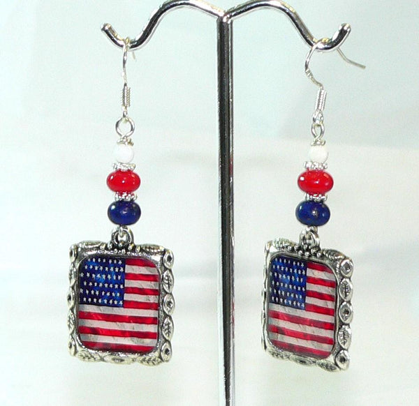 July 4th Earrings | Patriotic American Flag Earrings with Lapis Coral Howlite Beads & Holiday Accessories July 4th Altered Art Earrings