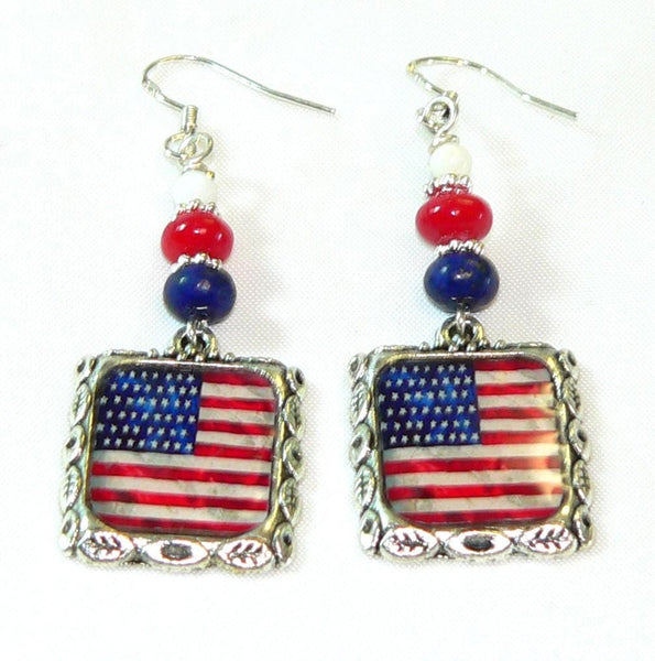 July 4th Earrings | Patriotic American Flag Earrings with Lapis Coral Howlite Beads & Holiday Accessories July 4th Altered Art Earrings