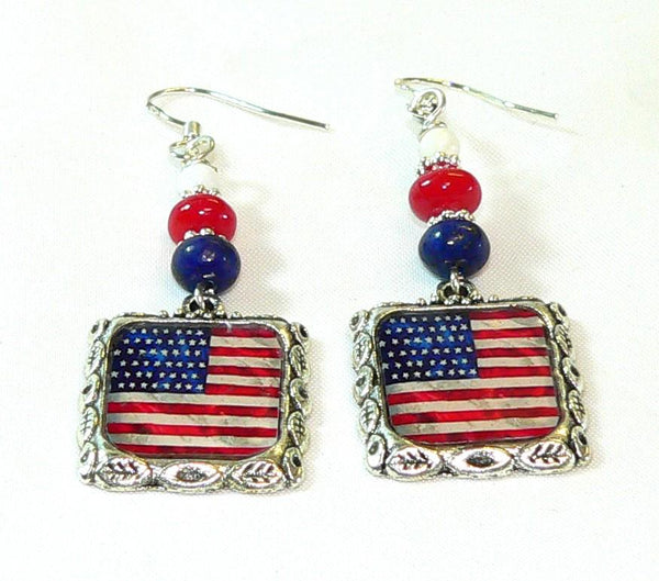 July 4th Earrings | Patriotic American Flag Earrings with Lapis Coral Howlite Beads & Holiday Accessories July 4th Altered Art Earrings
